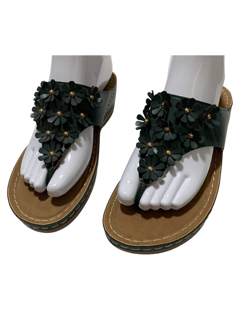Ecetana Womens Size 7.5 Green Floral Thong Sandals Comfort Platform Boho Casual